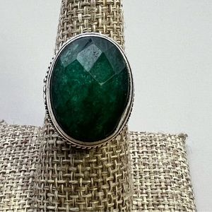 New Faceted Enhanced Emerald Stone Silver Overlay Ring Size 8